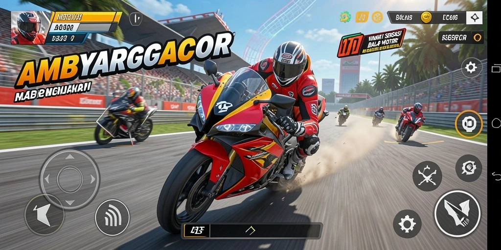 Screenshot AMBYARGACOR menampilkan aksi balapan motor yang penuh adrenalin.