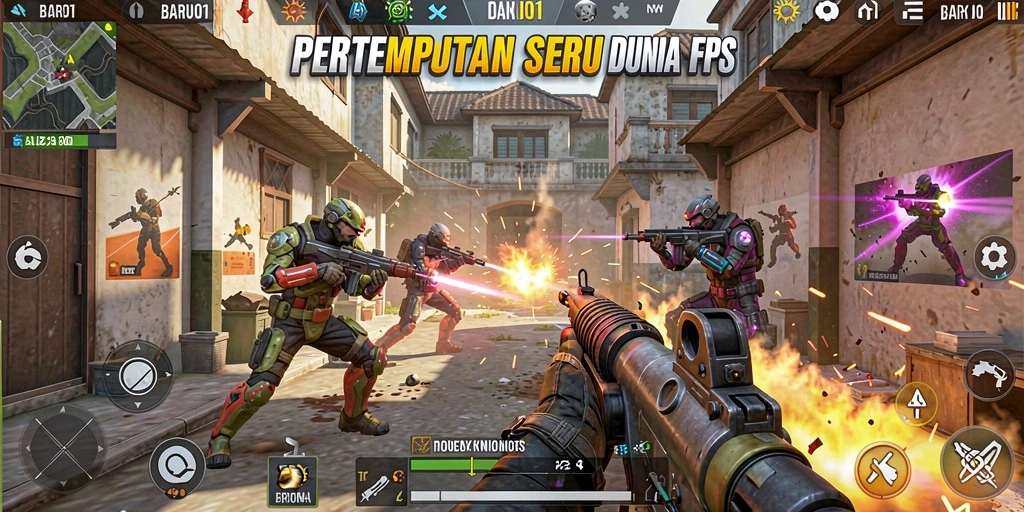Tampilan gameplay seru dari BARU01 saat bertempur di arena FPS.