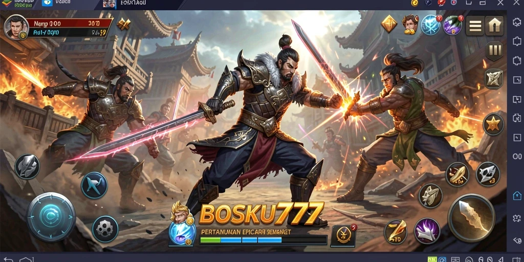 Tangkapan layar gameplay BOSKU777 yang menampilkan pertarungan epik antara karakter.