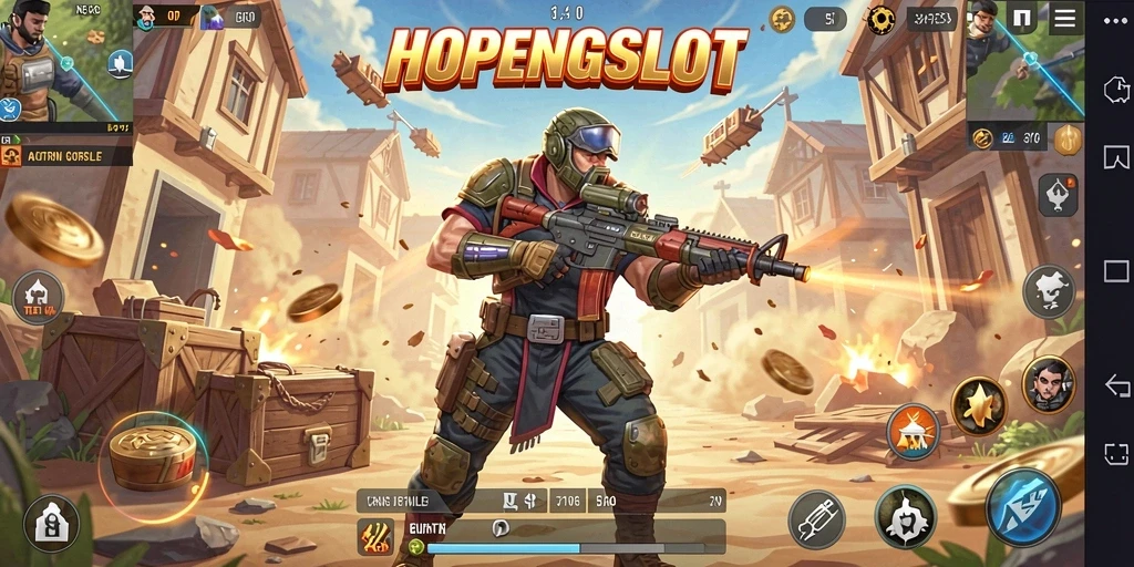 Tampilan gameplay menegangkan di HOPENGSLOT dengan pemain bertarung di arena.