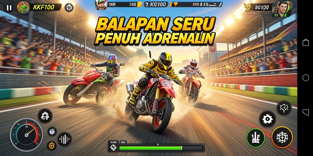Tampilan gameplay KPK100 yang mendebarkan dengan mobil balap beraksi.